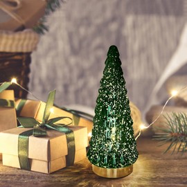Green Mercury Glass Christmas Tree 3pcs, Tabletop Christmas Tree with Light, Battery Operated Mini Xmas Tree for Fireplace Centerpiece Decorations 10"