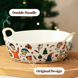 JIDOCB Christmas Ceramic Pie Pan, 7.28 inches Round Baking Dish with Double Handle,Microwave, Dishwasher, Oven Safe