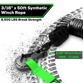 YUNFUER Synthetic Winch Rope Cable Kit, 3/16" x 50ft 8500LBS Black Winch Rope with Protective Sleeve, Forged Winch Hook, Rubber Stopper and Safety Pull Strap for ATV UTV