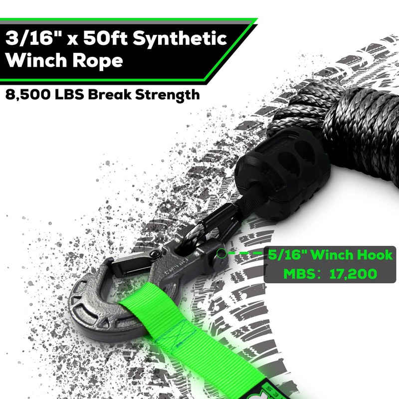 YUNFUER Synthetic Winch Rope Cable Kit, 3/16" x 50ft 8500LBS