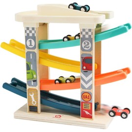 TOP BRIGHT Car Race Toy for Toddlers, Race Track Game Toy Vehicle Sets with 4 Wooden Cars, 1 Parking Garage and 4 Car Ramps, Montessori Toys Gifts for Boy Girl Age 18 Months and Up