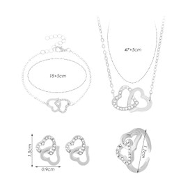 EPCDBBRT 1 Piece of Ring, 1 Piece of Necklace, 1 Piece of Bracelet, 1 Pair of Earrings, Women's Jewelry Set, Jewelry Set, 1 Set of Double Heart Jewelry, Clothing Accessories Decoration