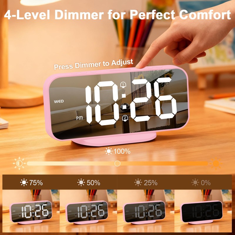ALANAS Pink Mirror Digital Alarm Clock for Girls & Teens,