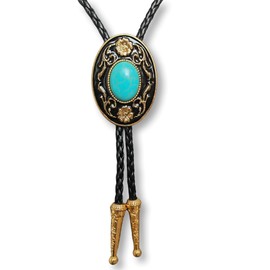 Himongoo Turquoise Agate Granite BOLO Tie for Men Women Leather Wedding Necklace Western Cowboy Necktie (Turquoise Golden Flower)