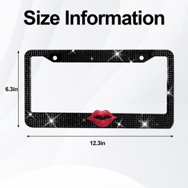 Hurifeng 1 Pack Black Bling License Plate Frame with Red Rhinestone Lips