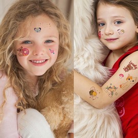 VIWIEU Glitter Animal Tattoos Temporary for Kids Girls and Boys Birthday Party Favor Supplies, 12 Sheets Children Cartoon Waterproof Body Stickers, Animal/Butterfly/Mermaid Princess/Candy Designs