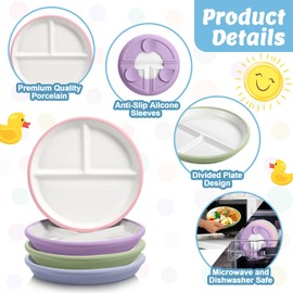 Domensi 4 Set 8 Inch Large Porcelain Kids Plates with Suction Divided Ceramic Toddler Plate with Anti-slip Silicone Sleeve Detachable Design Microwave Dishwasher Safe for Children Baby(Vibrant Color)