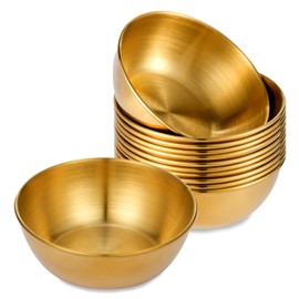RAMFIYN 12 pack Stainless Steel Sauce Dishes 3.2 Inch Gold Small Metal Dipping Bowl Stackable Golden Appetizer Plates for Meal Prep