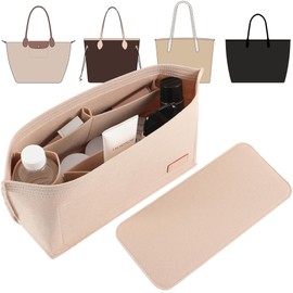 Doxo Purse Organizer Insert for Handbags & Base Shaper 2pc Set,Felt Organizer Insert Large Tote,Bag Organizer with Zipper 7 Sizes,Fit Speedy Neverfull MM/City33 and More(Beige-L-Combination)