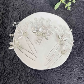 Prosy Bride Wedding Pins und Haarkamm Blume Blatt Bridal Braut-Haarteile Haarschmuck Perle Bridal Haarspangen für Frauen und Mädchen 5er Pack (Silber)