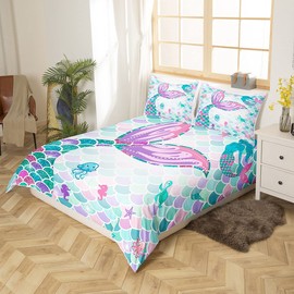 Erosebridal Mermaid Tail Bedding Set,Nautical Sea Animal Duvet Cover Twin Size for Kids Child,Fish Scale Sparkle Sequins Comforter Cover Ocean Sealife Bed Sets Paillette Bedroom Decor,Multicolor
