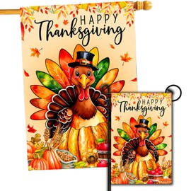 HAONEFECT Happy Thanksgiving Flag, Thanksgiving Day Turkey Pumpkin Flag, Be Thankful Thanksgiving Holiday Yard Flag Set 2 House Flag 28 x 40 and Garden Flag 12x18 Double Side (Set 2 House + Garden Flags)