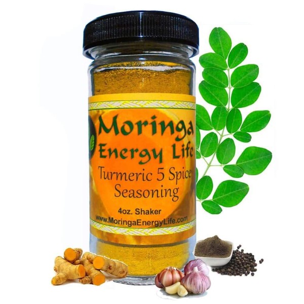 Moringa Turmeric 5 Spice Seasoning Immunity Booster - All Organic Turmeric Powder, Moringa Leaf Powder, Pink Himalayan Sea Salt, Black Pepper & Garlic Powder in a 4 oz Glass Salt Shaker