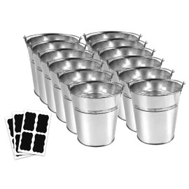12 Metal Buckets with Chalkboard Stickers, Small Galvanized Pail for Party and Wedding, 5 Inch Tin Buckets, Garden Planters, (tie Tong)