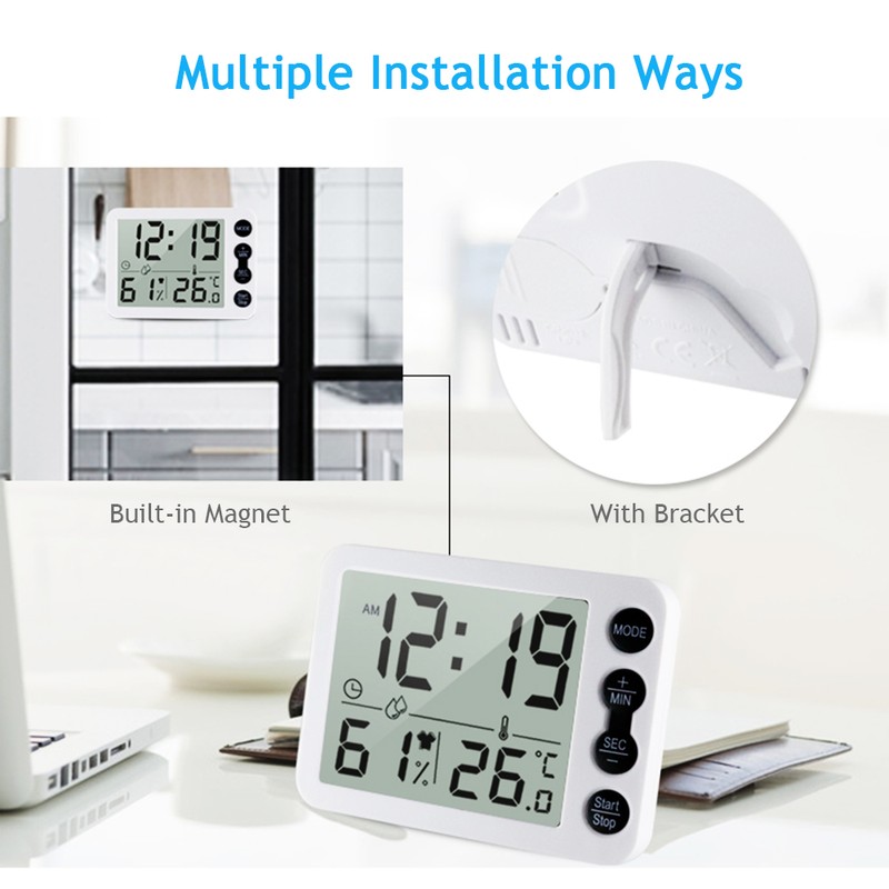 Digital Indoor Thermometer & Hygrometer with Clock LCD Display ℃/