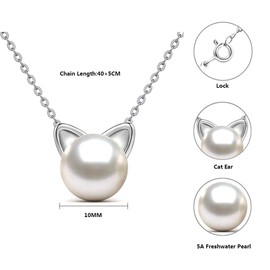 925 Sterling Silver Necklaces for Women Girls Ladies, Cat Freshwater Pearl Necklace and Earring Sets, Cute Cat Necklaces for Women, Cat Pearl Pendant Necklace, Pearl Cat Necklace 10MM- Chain 40+5CM