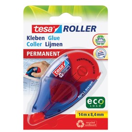 tesa Roller Kleben Permanent ecoLogo - Nachfüllbarer Kleberoller mit reißfestem Band & doppelseitigem Klebefilm - lösungsmittelfrei - 14 m x 8,4 mm
