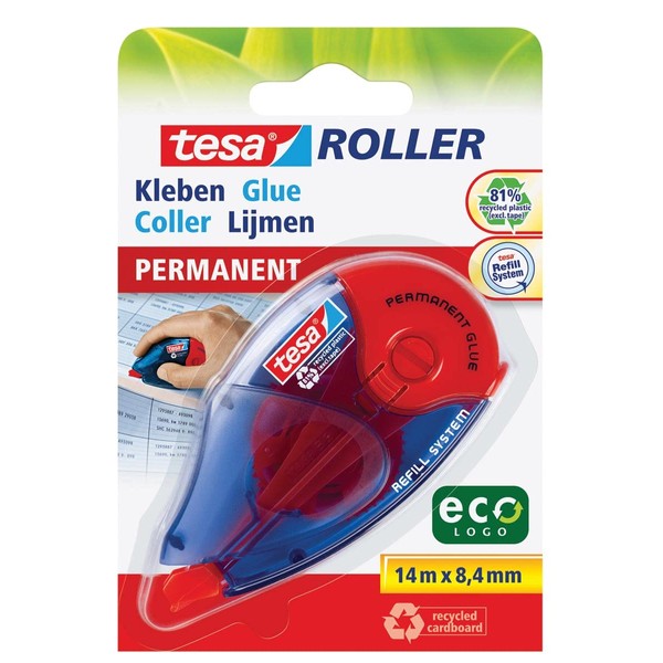 tesa Roller Kleben Permanent ecoLogo - Nachfüllbarer Kleberoller mit reißfestem