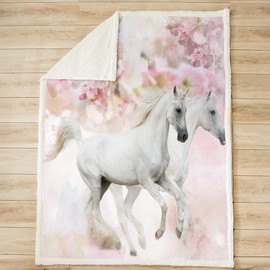 Feelyou Horse Throw Blanket Galloping Horse Fleece Throw Blanket Animal Theme Plush Blankets Pink Floral Print Sherpa Blanket for Kids Boys Girls 40''x50'' for Bed Sofa Couch