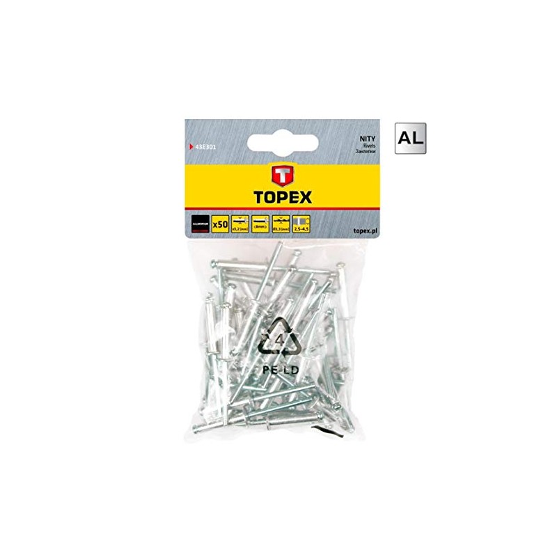 Topex 43e501 - Aluminium Rivets 4.0mm x 8.0mm 50 Piazza
