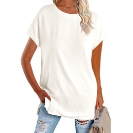 Zeraly Women's Round Neck Solid Color T-Shirt Side Slit Casual Short-Sleeved Summer Sports Tunic Top White