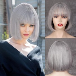 colorfulpanda Wigs White Pony Creamy Grey Short Bob Wigs Synthetic Hair Natural Wig Heat Resistant 12 Inch Wigs for Carnival & Fancy Dress