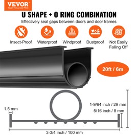 VEVOR Garage Door Seals Bottom Rubber, U Shape +O Ring Garage Door Weather Stripping, Universal Weatherproof Threshold Buffering Sealing Rubber, 5/16 inch T-Ends and 3 3/4 inch Width (20 Ft, Black)