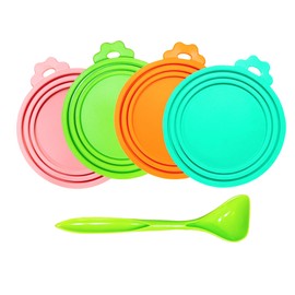 MoPawKT- Silicone Cat/Dog Food Can Covers Lids, Universal 3 Sizes Fit for 3oz, 5.5oz, 6.5oz, 13oz, 13.2oz Pet Food Cans, BPA Free, Reusable (set of 4 lids+1 scoop)