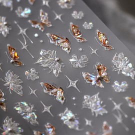 5D Embossed Butterfly Nail Stickers White Brown Butterflies Nail Art Stickers Self-Adhesive Spring Summer Flower Nail Decals Pearl Rhinestone Design for Women Girl DIY Manicure Nail Art Decorations