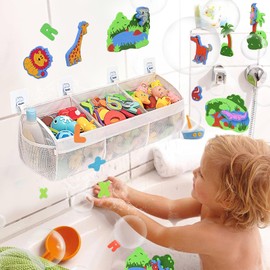 Bath Toy Storage Net, Bathtub Toy Tidy Hanging Organiser Bag, Bath Toy Holder Mesh Bags, 3 Compartment Horizontal Large Openings Bath Toy Organizer with 2 Side Pockets