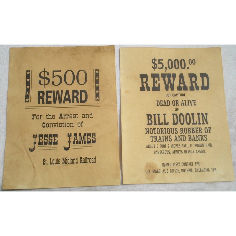 Set of 12 Reproduction Old West Wanted Reward Posters by