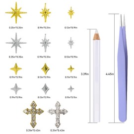 XEAOHESY 2 Boxes Gold Silver Star Nail Charms Four Pointed Star Nail Rivets Studs with 6 Shapes 10 Cross Nail Charms Inlaid with Rhinestones Star Charms for Nails with Pickup Pen and Tweezers