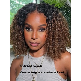 UNICE 8 inch Short Curly Bob Wig Human Hair Bye Bye Knots Glueless Wigs Pre Plucked Pre Cut Bleached Knots 7x5 Lace Closure Ready to Go Human Hair Bob Wig Ombre Brown Color