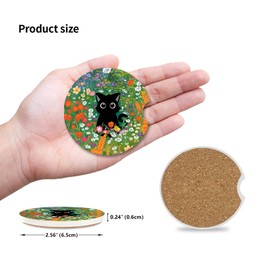 Ceramic Cup Holders Car Coasters Set for Women/Men,Drink Cup Car Holder Coasters with A Finger Notch 2.56" Pack of 2 （Cute Black Cat）