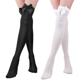 Opaque Bow Stockings - 2 Pairs Thigh High Stockings Black White Knee High Socks with Bows Women's Knee High Socks over Knee Long Tights for Girls Ladies