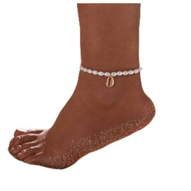 Cimenexe Bohemian Pearl Shell Chain Anklet Gold Seashell Ankle Bracelet Pearl Cowrie Shell Anklet Adjustable Pearl Anklet Chain Summer Beach Foot Chain Jewelry for Women and Girls