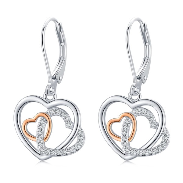Heart Dangle Earrings 925 Sterling Silver Hypoallergenic Drop Earrings Double