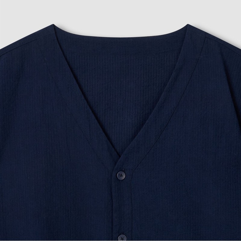 JAJU [JAJU] Men's Seersucker V-neck 5/10 sleeve Pajama Set_Navy