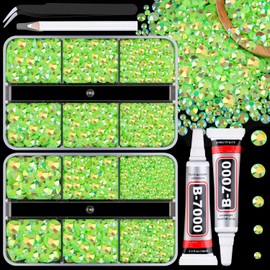 Resin Jelly Rhinestones for Crafting with B7000 Jewelry Glue, 2 Boxes Fluorescent Green AB Flatback Crystals with 2Pcs 10ml Glue, Bedazzling Non Hotfix Gems for DIY Tumblers Clothing Shoes Manicure
