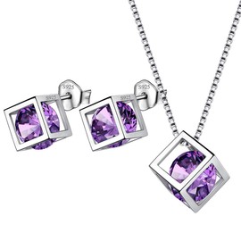 Aurora Tears February Birthstone Necklace Stud Earrings 925 Sterling Silver Purple Amethyst Square Birth Stone Jewellery Set Gifts for Women and Girls DS0028F