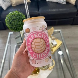 Unbranded Cafecito y Chisme 16 oz Frosted Glass Can W/ Bamboo Lid Libbey Tumbler