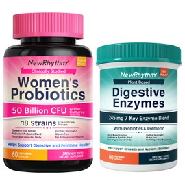 NewRhythm Women's Probiotics 50 Billion + Digestive Enzymes 245 mg Bundle, Gut Harmony Boost & Feminine Wellness, 120 Capsules Total (Pack of 2)