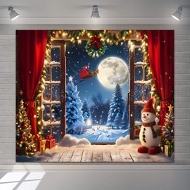 Christmas Backdrops for Photoshoot 10x8ft Vinyl Winter Forest Window Xmas Tree Christmas Photo Backdrop Snowy Pine Forest Full Moon Snowman Photography Backdrop New Year Xmas Party Decor Background