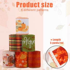 AIEX 6 Rolls 2.5Inch x 5Yard Wired Ribbon, Fall Wired Ribbon Plaid Burlap Ribbon with Pumpkin Maple Leaves Truck Thanksgiving Ribbon Orange Ribbon Wired for DIY Crafts Harvest Wreath Bow