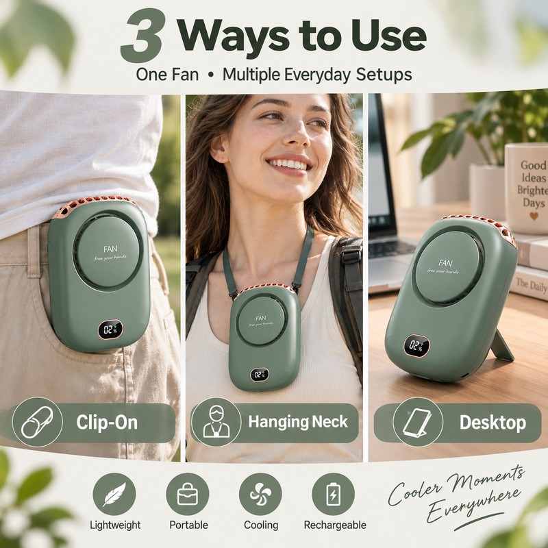 Portable Wearable Fan for Outdoor Use – 3-Speed Rechargeable Cooling