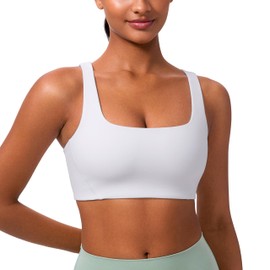 CRZ YOGA Butterlift Double Lined Square Neck Sports Bras for Women - Wireless V-Shaped Racerback Workout Yoga Top Non Padded White Medium
