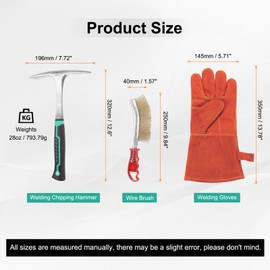 HARFINGTON 3pcs 28oz Welding Chipping Hammer with 9.8" Welding Steel Wire Brush and 14" Welding Gloves Slag Remove Tool Kit for Rock Pick, White