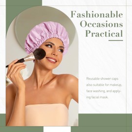 Edoneery Reusable Shower Cap for Women, Large Waterproof Shower Essentials Bonnet Washable Elastic Band Bath Hair Wrap Hat for Long Hair, Braids(Green&Purple)