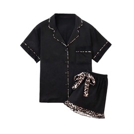 Verdusa Women's 2 Piece Leopard Print Pajama Set Button Down Short Sleeve Top and Ruffle Shorts Sleepwear Black Large