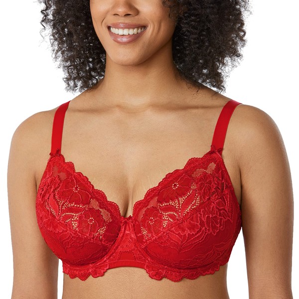 DELIMIRA Women's Plus Size Bras Full Coverage Lace Underwire Unlined